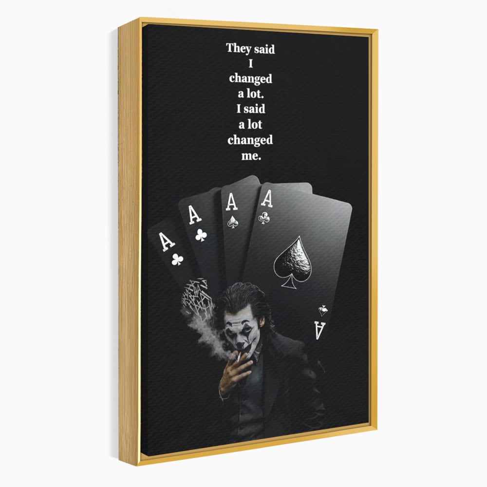 Tablou canvas cu tablou motivational cu joker si carti de joc, in rama de aluminiu auriu